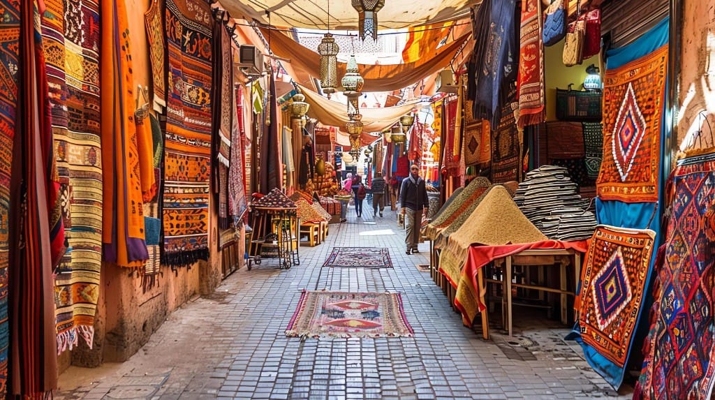 Colorful rug souk in Marrakech medina