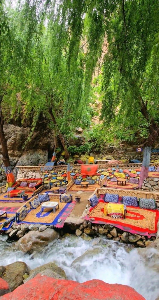 Traditional riverside seating in Ourika Valley