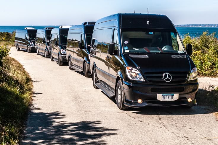 Adam City Tours Mercedes-Benz Sprinter fleet lined up on a coastal road