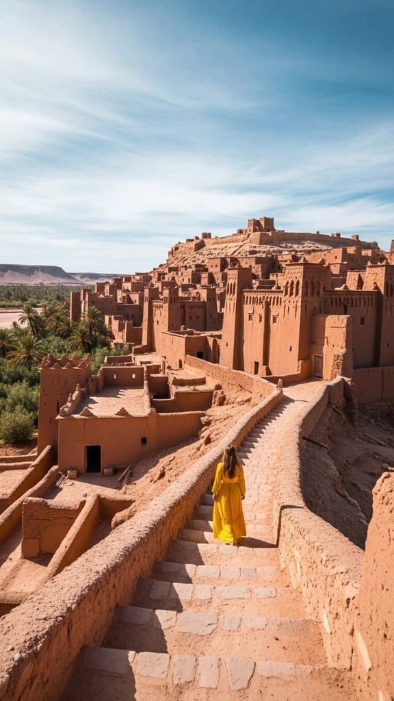 Aït Benhaddou — UNESCO ksar of rammed-earth towers and palms under a bright Moroccan sky